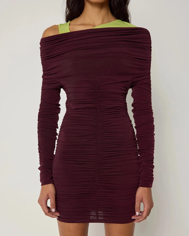 Inclined Shoulder Long Sleeve Sexy Mini Dress For Women Autumn New Fashion Backless Ruched Bodycon Party Sexy Dress