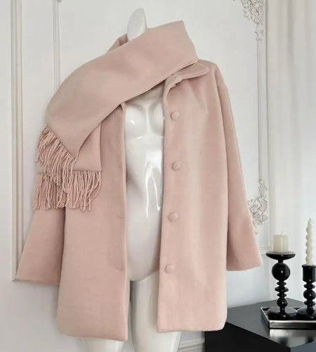 Korean Fashion Sweet Pink Single Breasted Loose Short Woolen Coat Women 2024 Autumn Winter Casual Scarf Jacket Streetwear Simple