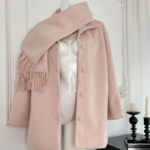 Load image into Gallery viewer, Korean Fashion Sweet Pink Single Breasted Loose Short Woolen Coat Women 2024 Autumn Winter Casual Scarf Jacket Streetwear Simple
