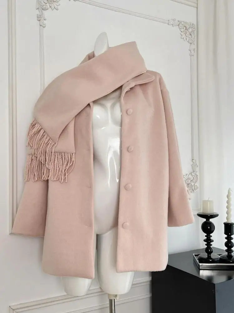 Korean Fashion Sweet Pink Single Breasted Loose Short Woolen Coat Women 2024 Autumn Winter Casual Scarf Jacket Streetwear Simple
