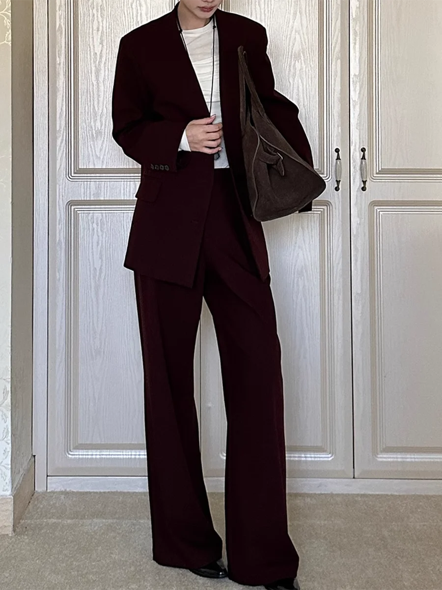 Solid Two Piece Set for Women V Neck Long Sleeve Blazer High Waist Chic Pant Loose Sets Female Fshion