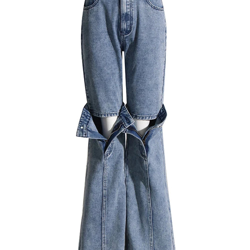 Load image into Gallery viewer, Patchwork Belt Denim Pants For Women High Waist Hollow Out Spliced Pockets Loose Wide Leg Trouser Female Clothing Fashion
