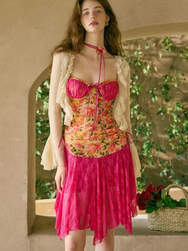 Sexy Spaghetti Strap Lace Patchwork Printed Long Dress Women Bodycon Party Evening Dress Temperament Slimming Vestido