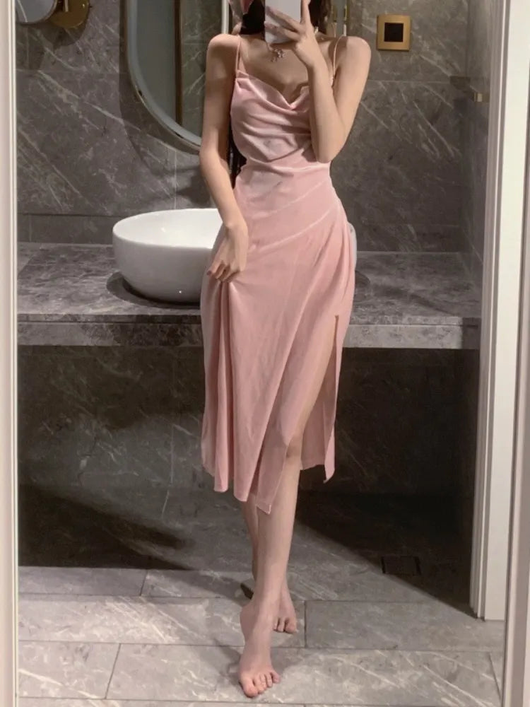 Y2k Pink Sexy Slip Dress Bodycon Spaghetti Strap Night Club Party Midi Dresses Summer Sundress Korean Fashion Kpop