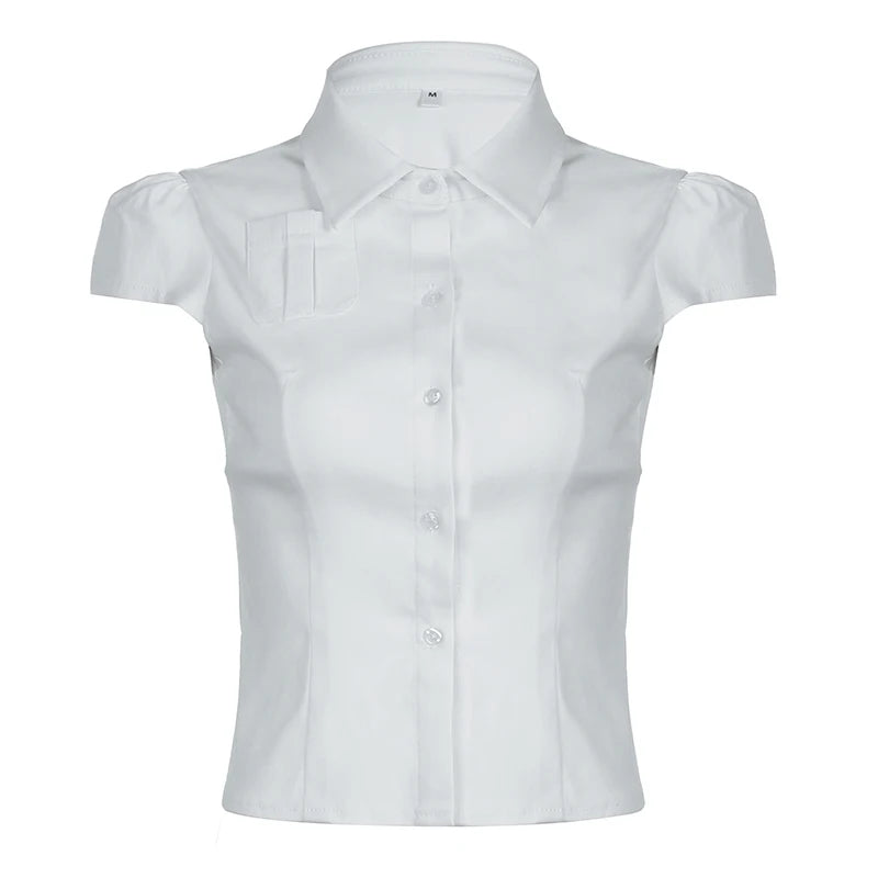 Fashion Chic White Slim Women Blouse Top Short Basic Solid Buttons Puff Sleeve French Korean Shirt Girls Kawaii 2025