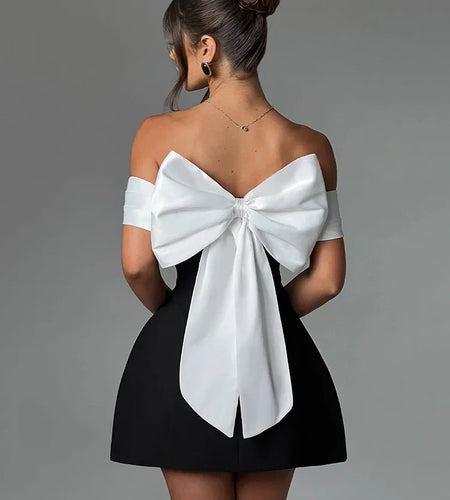 Bow Backless Sexy Mini Dress For Women Robe Elegant Off-shoulder Strapless Sleeveless A-line Club Sexy Dress Vestido