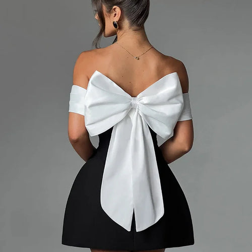 Load image into Gallery viewer, Bow Backless Sexy Mini Dress For Women Robe Elegant Off-shoulder Strapless Sleeveless A-line Club Sexy Dress Vestido
