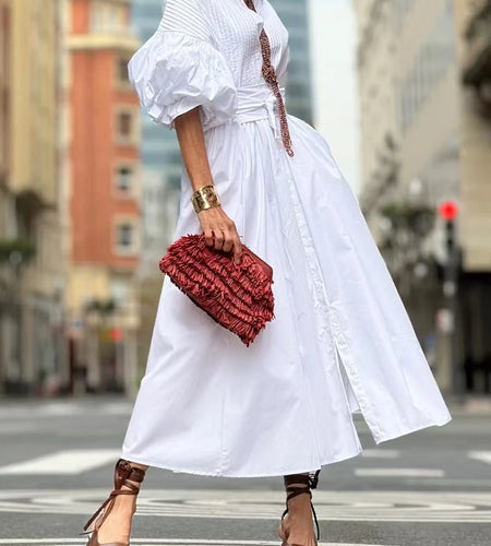 Solid Spliced Folds Fashion Dresses for Women Round Neck Half Sleeves Patchwork Single Breasted Dress Female New