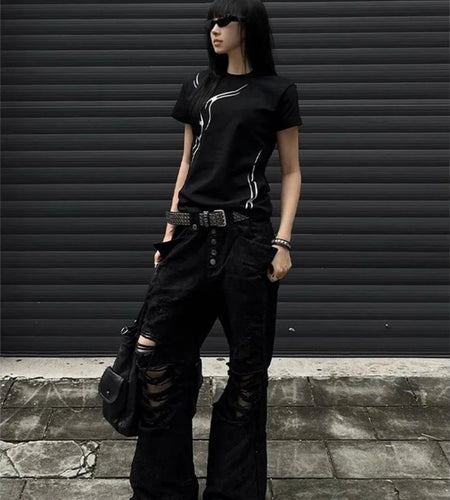 Punk Grunge Black Printing Casual Cropped Tops Summer Vintage Fairy Bodycon T-shirts Y2k Aesthetics Harajuku Short Sleeve Tees