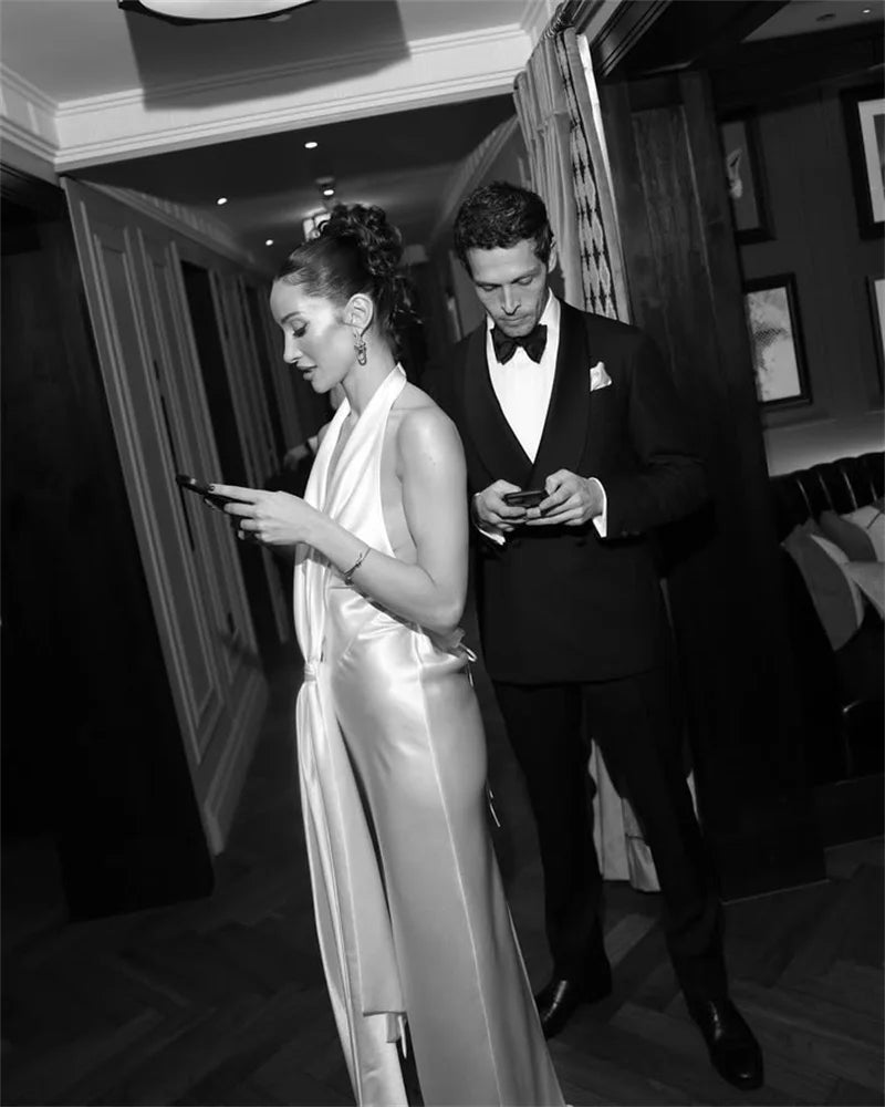 Satin Deep V Neck Backless Sexy Maxi Dress Women Elegant Halter Sleeveless Lace-up High Waist Draped Ruched Long Dress