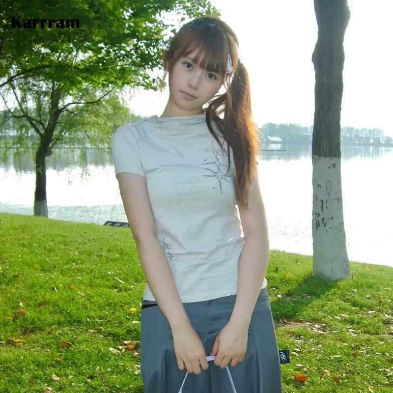 Japanese Y2k Stand Collar T-shirt Trashy 2000s Style Short Sleeve Tee Shirt Vintage Harajuku Streetwear American Retro