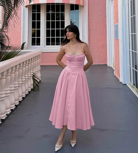 Pink Summer Dress 2024 New Arrivals Spaghetti Strap Elegant Midi Dress Fit and Flare Dress Sexy Women's Clothing