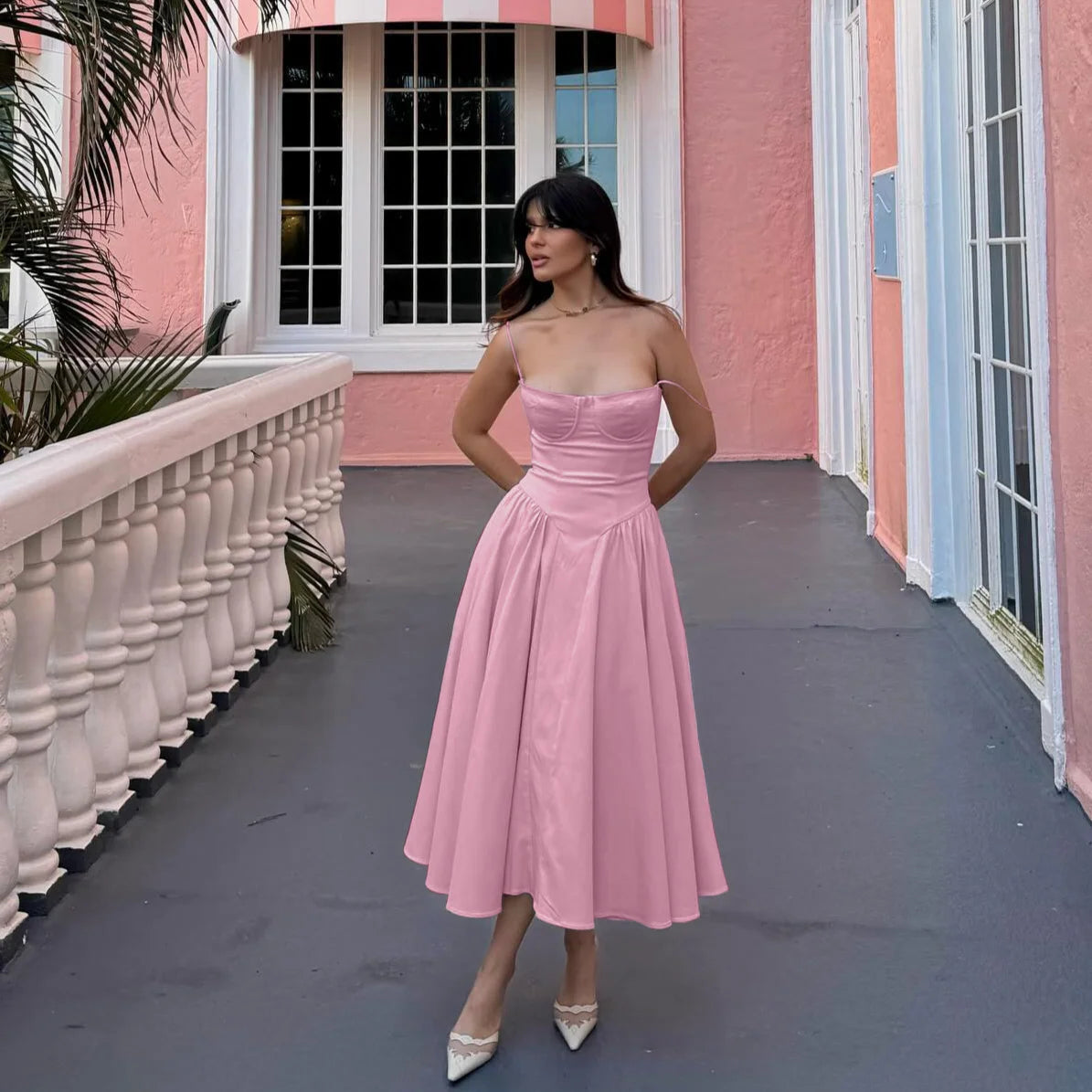 Pink Summer Dress 2024 New Arrivals Spaghetti Strap Elegant Midi Dress Fit and Flare Dress Sexy Women's Clothing