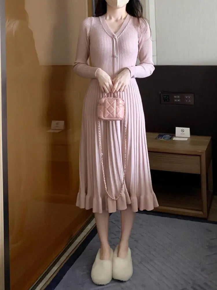 Women Retro White Long Sleeve Dresses Pink V-neck Single Breasted High Waist Ladies Elegant New Black Slim Knitting Dress Korean