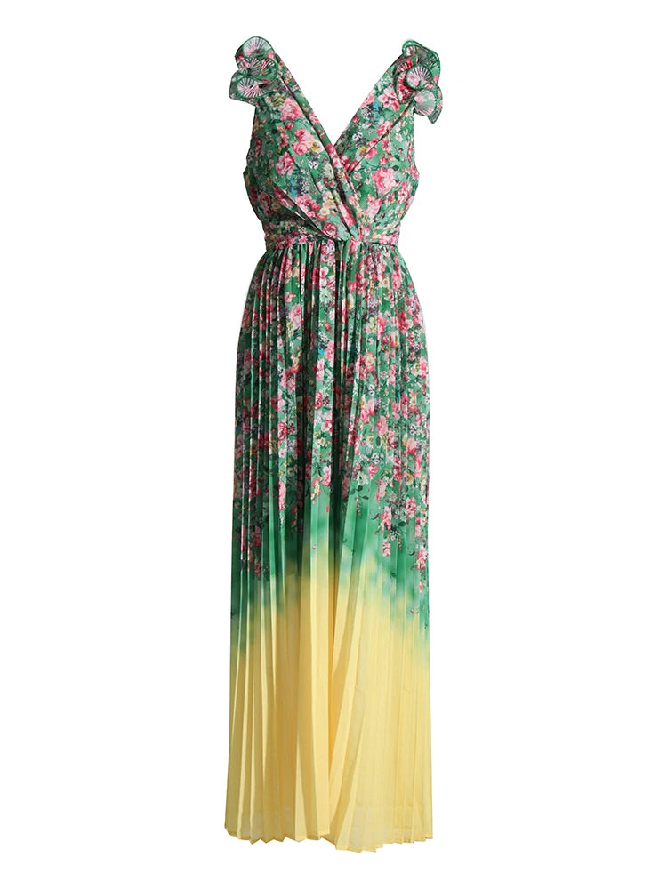 Vintage Frill Trim Dress For Women V Neck Flying Sleeve High Waist Print Colorblock Midi Dresses Female Summer Clothing New