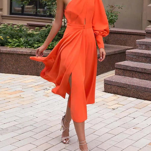 Load image into Gallery viewer, Casual Solid Women&#39;s Dresses Halter One Off Shoulder High Waist Midi A Line Irregular Dresses Female 2023 Spring Clothes New
