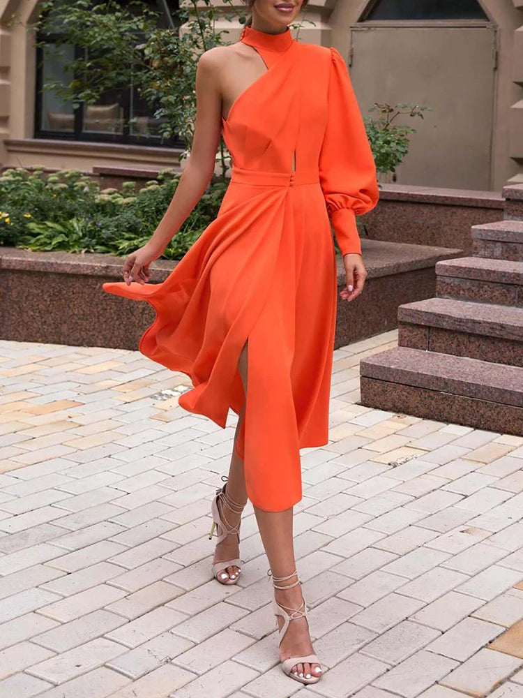 Casual Solid Women's Dresses Halter One Off Shoulder High Waist Midi A Line Irregular Dresses Female 2023 Spring Clothes New