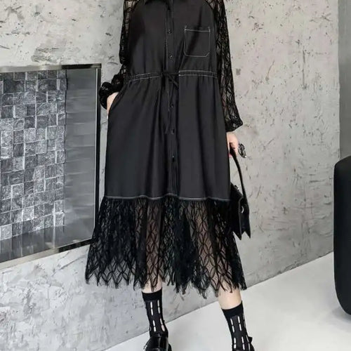 Load image into Gallery viewer, Women Black Denim Lace Perspective Big Size Shirt Dress New Lapel Long Sleeve Fashion Tide Spring Autumn 2025 1DH702001
