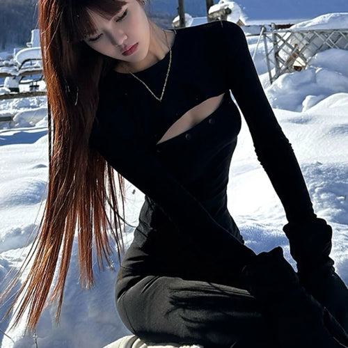 Load image into Gallery viewer, Y2k Aesthetic Fashion Long Sleeve Crop Top Slim All Match Vintage Sexy Women T-Shirts Hollow Out Simple Solid Button Tees Femme
