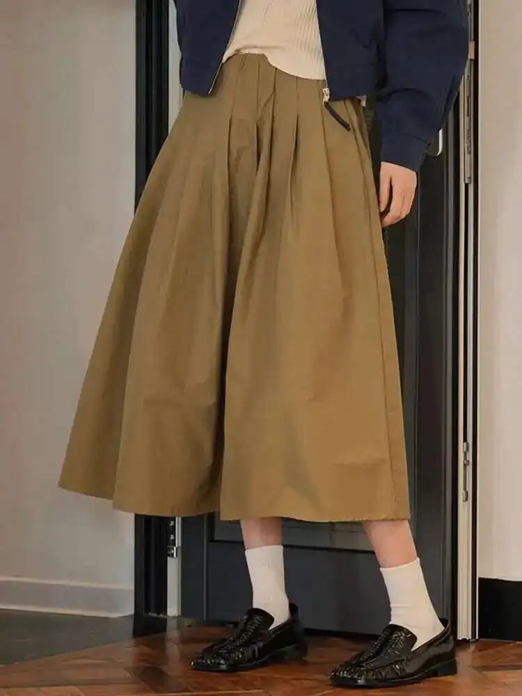 High Elastic Waist Khaki Pleated Causal Half-body Skirt Loose Fit Women Fashion Tide New Spring Autumn 2025 1DH0004