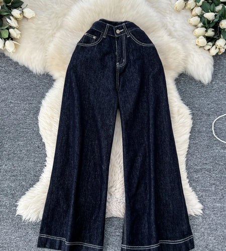 Autumn Retro Blue High Waist Plus Size Women Wash Jeans Pant Streetwear Loose Straight Versatile Wide Leg Denim Trousers Casual