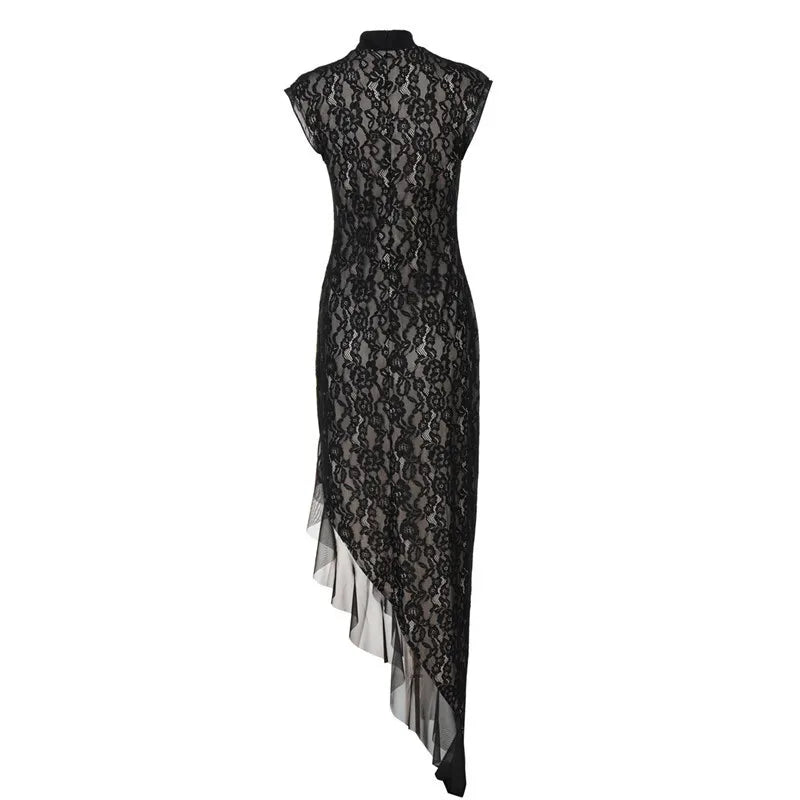 Mesh Lace Ruffled Sexy Maxi Dress For Women Gown Black Hollow Out Sleeveless Thigh High Split Club Long Dress Vestido