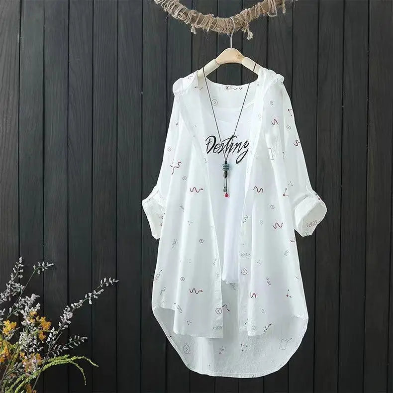 Women's Shirts Hooded Sunscreen Long Sleeved Shirt Female Top Summer New Coat Medium Long Jacket Thin Printed Blouse