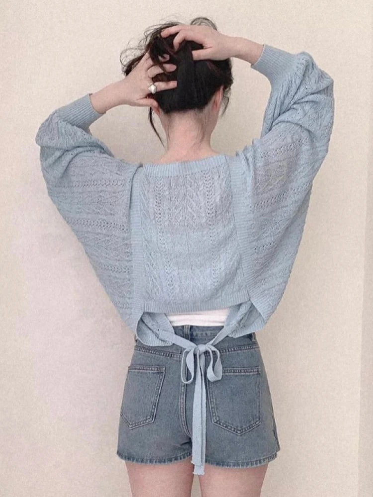 2025 Grunge Summer New Twist Office Women Cardigan Hollow Out Y2k Aesthetic Loose Knitted  Harajuku Casual Bandage Tops