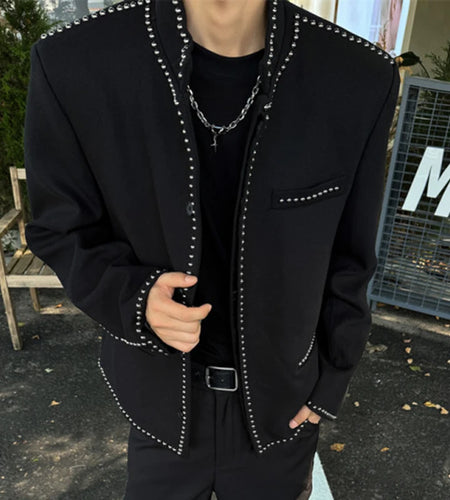 Korean Style Men's Jackets Stand Collar Rivets Design Solid Color Single Breasted Casual Short Male Coats Autumn 9C9207