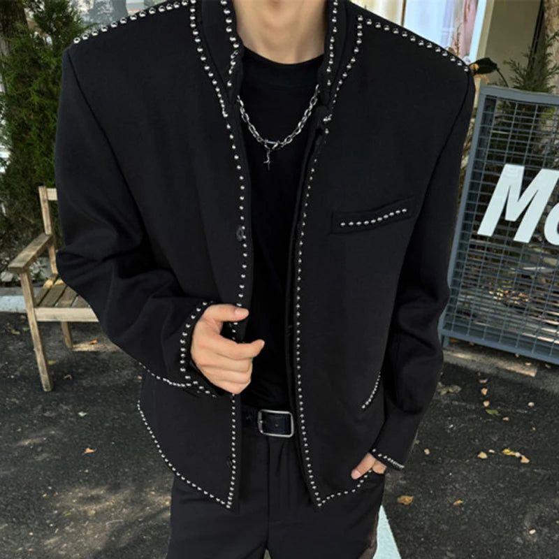 Korean Style Men's Jackets Stand Collar Rivets Design Solid Color Single Breasted Casual Short Male Coats Autumn 9C9207