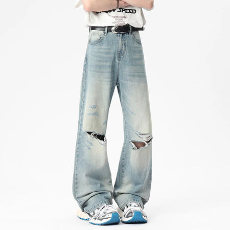 Worn-out Men's Jeans Hole Design New Stylish Summer American Male Loose Casual Denim Pants Straight Menwear Trend 9W1653