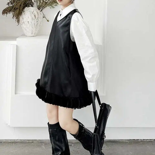 Load image into Gallery viewer, Black Leather Mesh Dress Shirt Two Pieces Suit New Lapel Long Sleeve Women Fashion Tide Spring Autumn 2025 1DH9256
