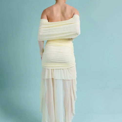 Load image into Gallery viewer, Elegant Long Sleeve Mesh Patchwork Ruffle Irregular Dress Female Sexy One Shoulder Fall Winter Party Club Evening Dress
