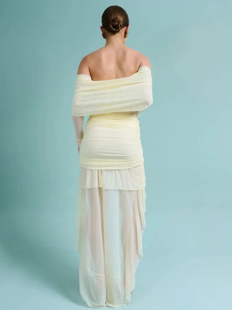 Elegant Long Sleeve Mesh Patchwork Ruffle Irregular Dress Female Sexy One Shoulder Fall Winter Party Club Evening Dress