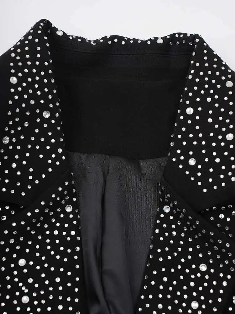 Women Black Rhinestones Shining Big Size Elegant Blazer New Lapel Long Sleeve Jacket Fashion Spring Autumn 2025 CPG2248