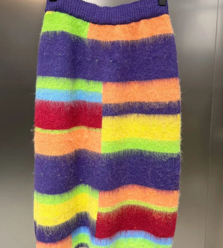 Fashion Knitting Striped Colorblock Skirt For Women High Waist Loose Vintage Casual Midi Skirts Female Clothing