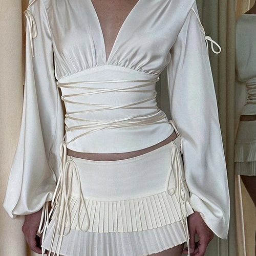 Load image into Gallery viewer, Lace-up Long Sleeve Sexy T-shirt Women Tops White Bandage Deep V Neck Ruched Slim Tees Ladies Fashion Solid Tops
