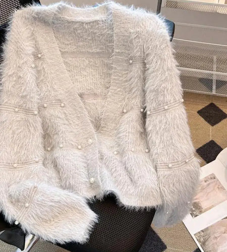 Autumn Winter Vintage Fashion 2024 New Solid Elegant Pearl Button Imitation Mink Short Sweater Women V Neck Cardigan Knit Tops