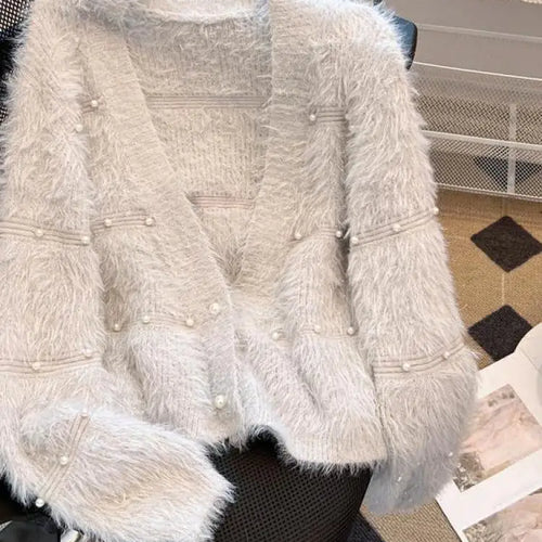 Load image into Gallery viewer, Autumn Winter Vintage Fashion 2024 New Solid Elegant Pearl Button Imitation Mink Short Sweater Women V Neck Cardigan Knit Tops
