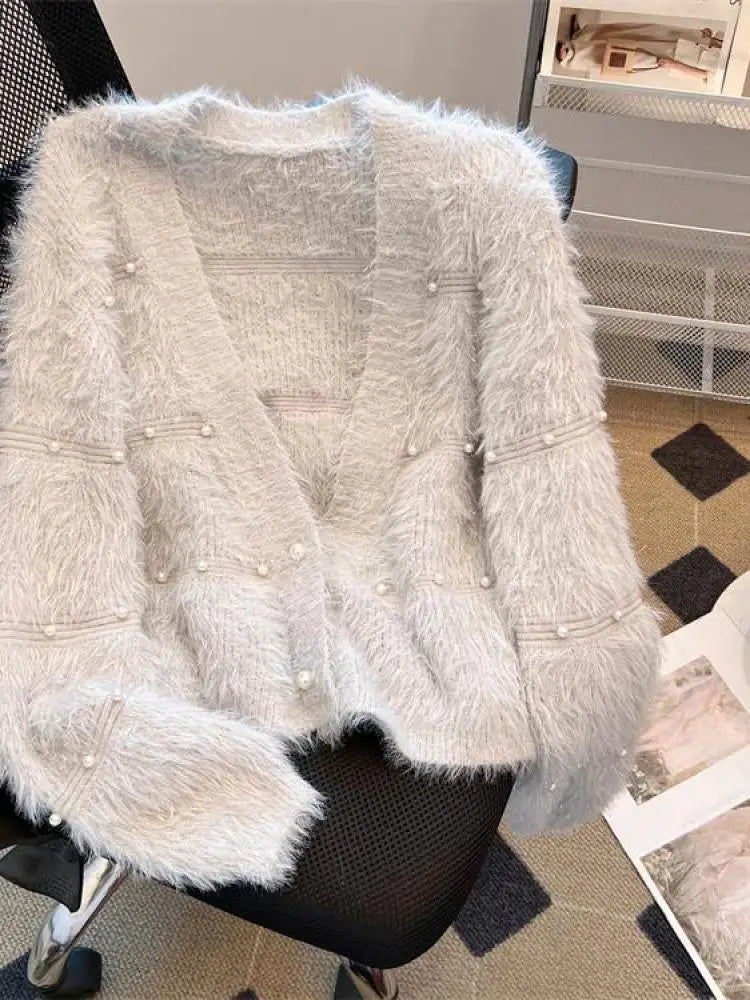 Autumn Winter Vintage Fashion 2024 New Solid Elegant Pearl Button Imitation Mink Short Sweater Women V Neck Cardigan Knit Tops