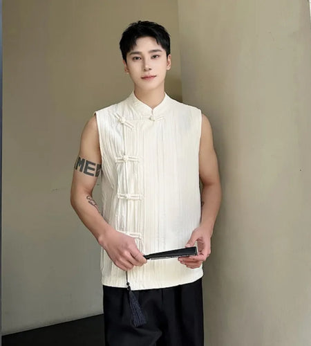 Chinese Style Men's Tank Tops Pleated Loose Simple Stand Collar Sleeveless Trend Male Tops Summer Vest 9C6116