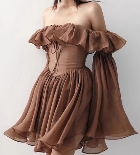 Slimming Spliced Ruffles Folds Fashion Dresses for Women Slash Neck Long Sleeves Patchwork Lace Up Dress Female New