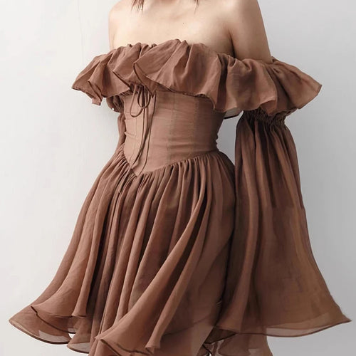 Load image into Gallery viewer, Slimming Spliced Ruffles Folds Fashion Dresses for Women Slash Neck Long Sleeves Patchwork Lace Up Dress Female New
