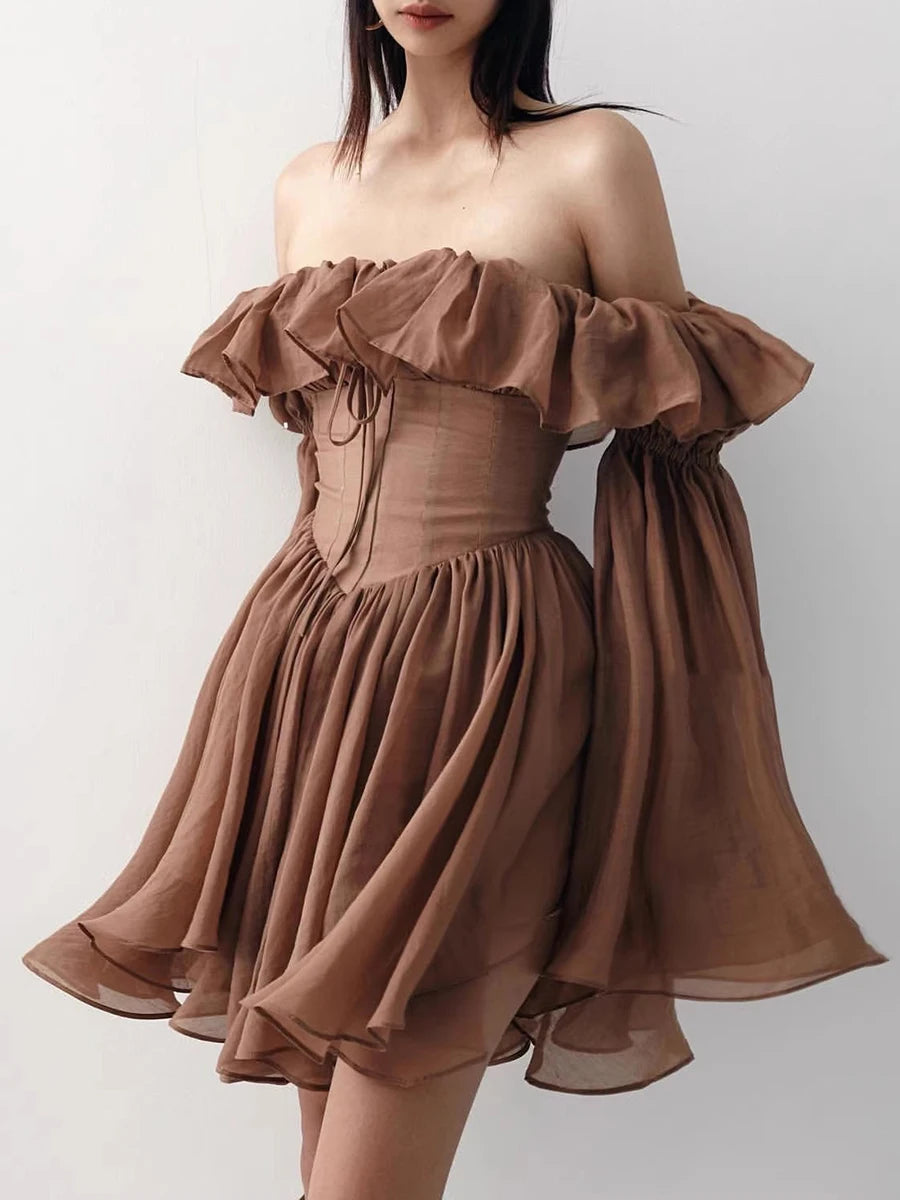 Slimming Spliced Ruffles Folds Fashion Dresses for Women Slash Neck Long Sleeves Patchwork Lace Up Dress Female New