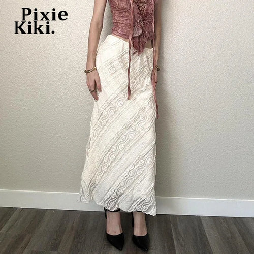 Load image into Gallery viewer, Texture Lace White Skirts for Women Bottom Elegant Fashion Low Rise Y2k Long Skirt P67-DF24
