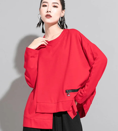 Women Red Irregular Split Joint Big Size T-shirt New Round Neck Long Sleeve  Fashion Tide  Spring Autumn 2025 1DA605