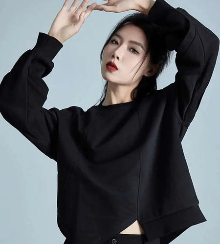 Loose Fit Black Irregular Sweatshirt New Round Neck Long Sleeve Women Big Size Fashion Tide Spring Autumn 2025 1DH1988