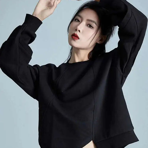 Load image into Gallery viewer, Loose Fit Black Irregular Sweatshirt New Round Neck Long Sleeve Women Big Size Fashion Tide Spring Autumn 2025 1DH1988
