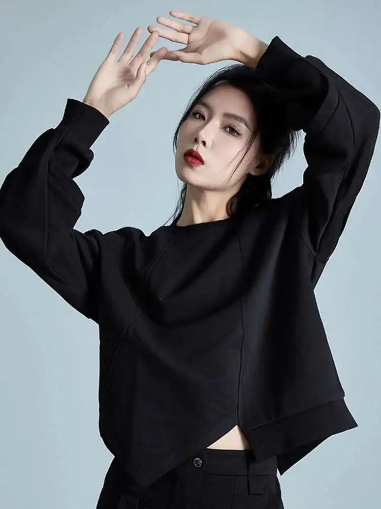 Loose Fit Black Irregular Sweatshirt New Round Neck Long Sleeve Women Big Size Fashion Tide Spring Autumn 2025 1DH1988