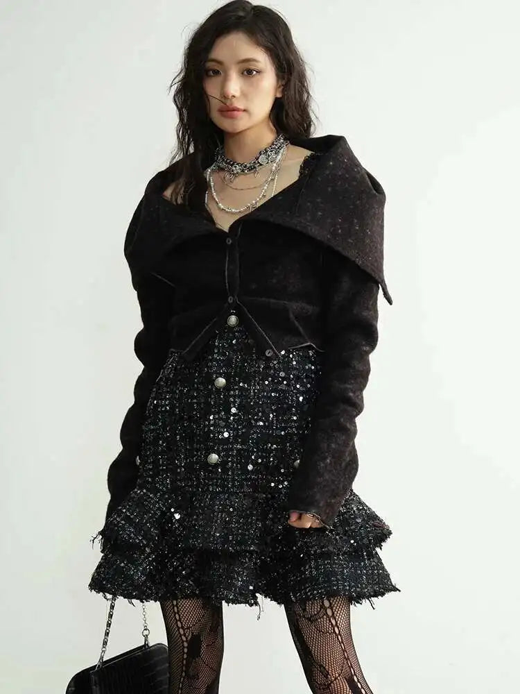 Women Black Sequins Tassels Ruffles Mini Elegant Dress New Round Neck Sleeveless Fashion Tide Spring Autumn 2025 1DH8269